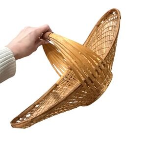 Vintage Oblong Wicker Basket Boat Shaped Woven Rattan Fruit Bread MCM Holder 20"